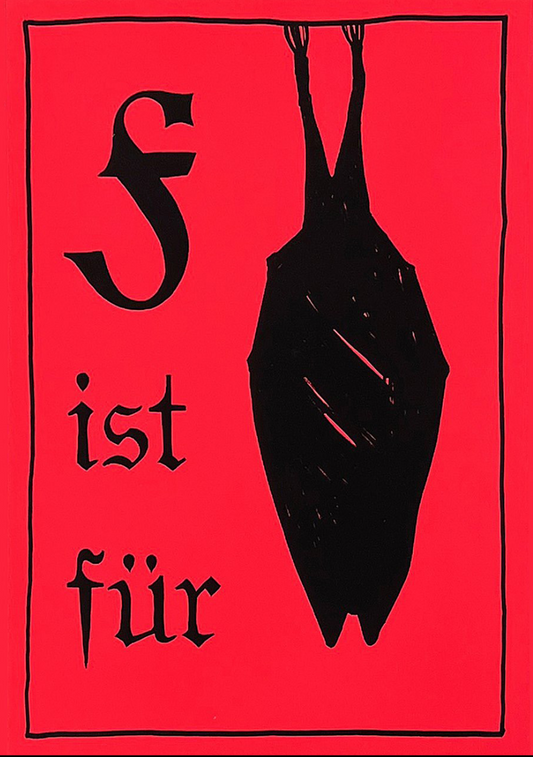 Limited edition by Jeremy Deller in the technique of a silkscreen print; Showing a bat (in German Fledermaus) on red background. Punlished on the occasion of the artists solo exhibition in Vienna in the year 2023.